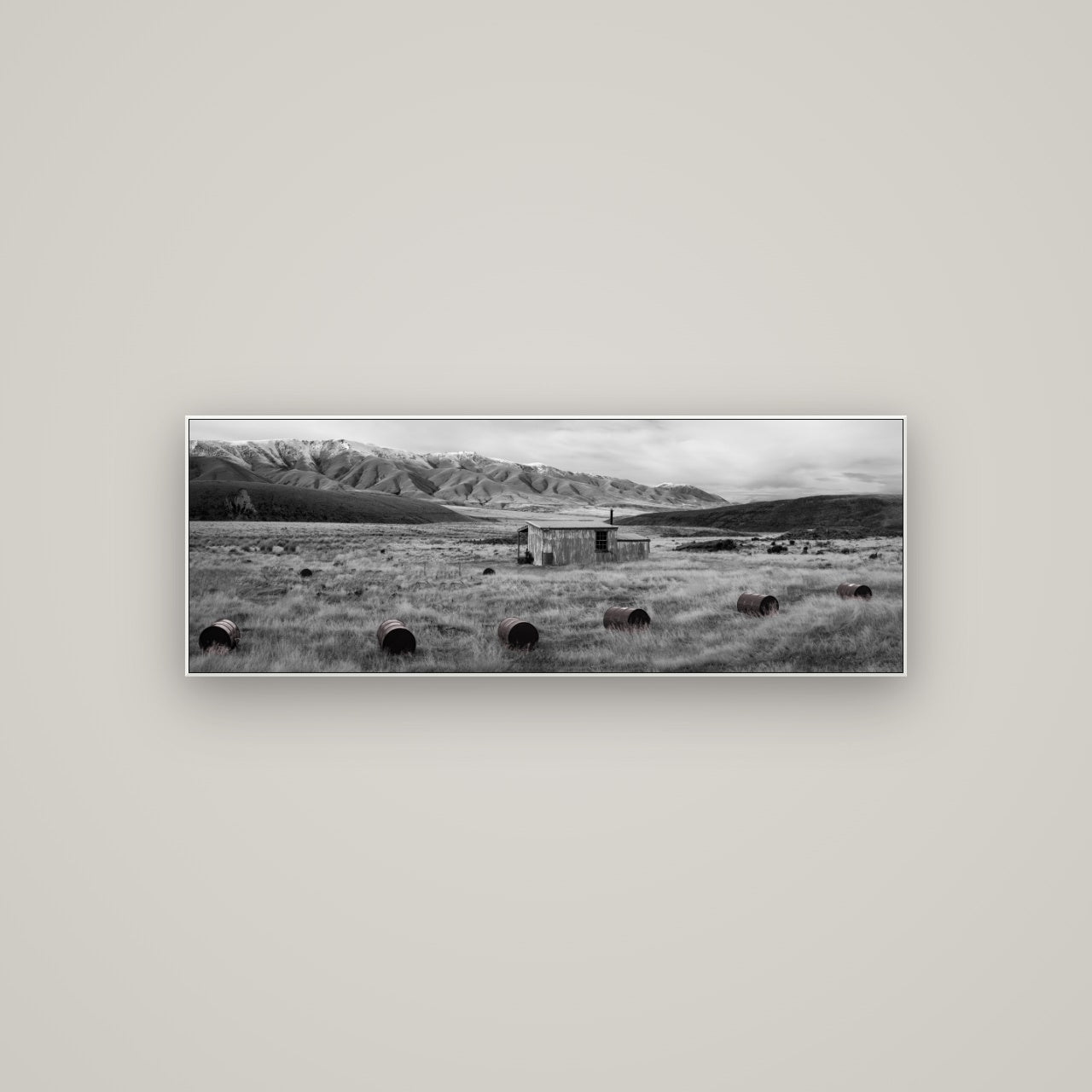 Solitude in the Wild, Barrels of Resilience — ArtBox White, 113×40 cm. New Zealand fine art wall art by Stephen Milner.