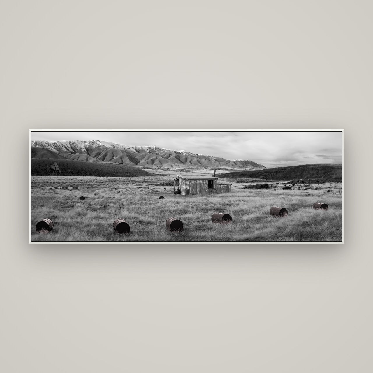 Solitude in the Wild, Barrels of Resilience — ArtBox White, 170×60 cm. New Zealand fine art wall art by Stephen Milner.