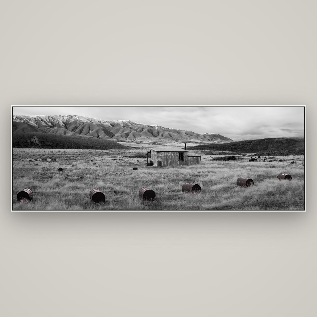 Solitude in the Wild, Barrels of Resilience — ArtBox White, 198×70 cm. New Zealand fine art wall art by Stephen Milner.