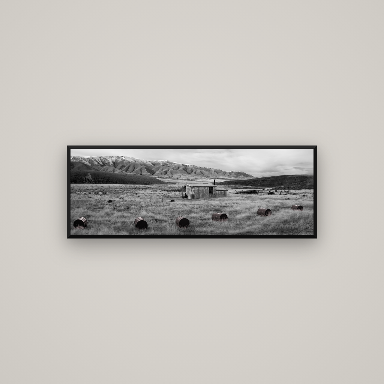 Solitude in the Wild, Barrels of Resilience — Basel Black Matte, 113×40 cm. New Zealand fine art wall art by Stephen Milner.