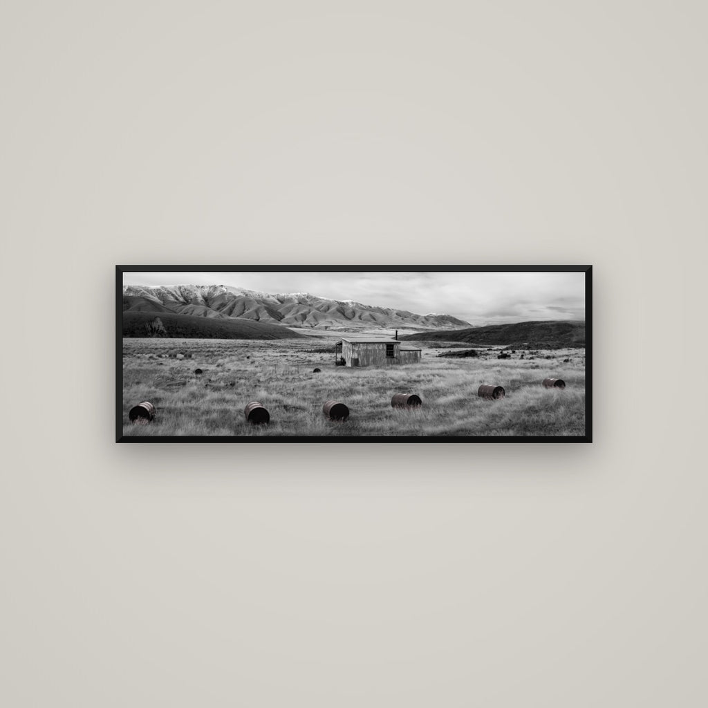 Solitude in the Wild, Barrels of Resilience — Basel Black Matte, 113×40 cm. New Zealand fine art wall art by Stephen Milner.