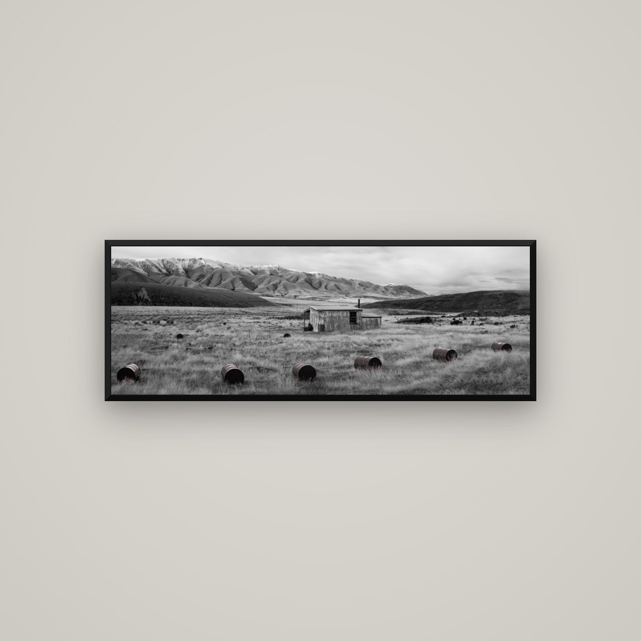 Solitude in the Wild, Barrels of Resilience — Basel Black, 113×40 cm. New Zealand fine art wall art by Stephen Milner.