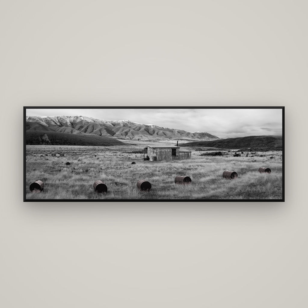 Solitude in the Wild, Barrels of Resilience — Basel Black Matte, 170×60 cm. New Zealand fine art wall art by Stephen Milner.