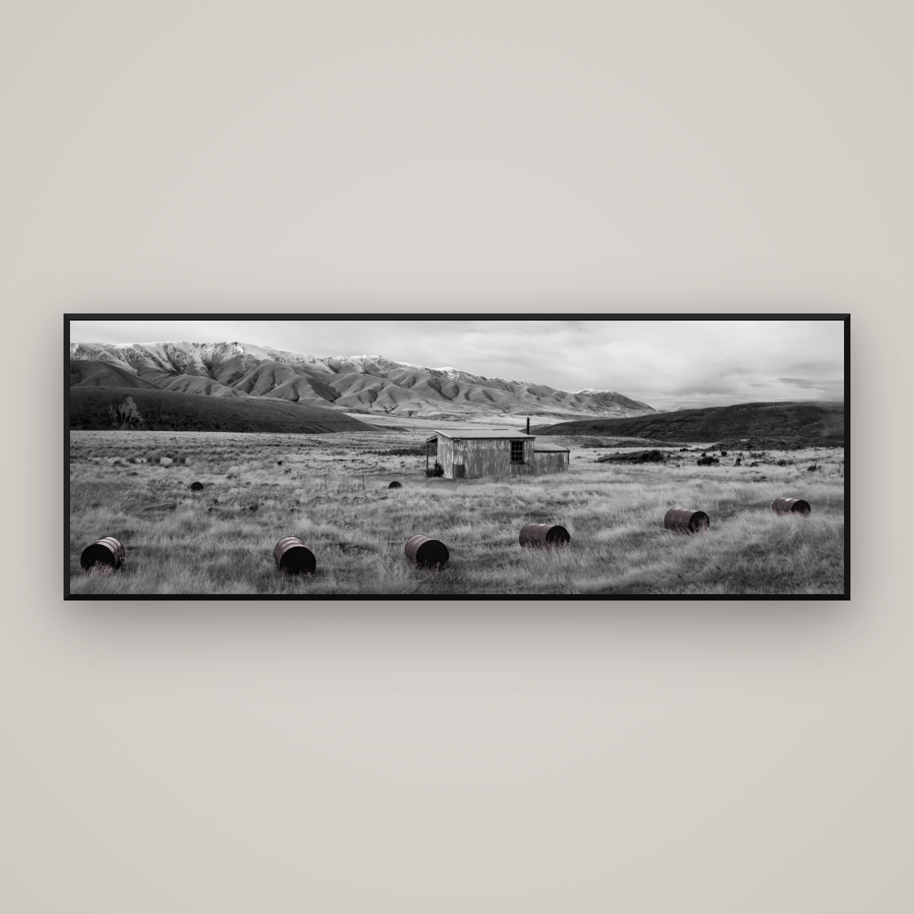 Solitude in the Wild, Barrels of Resilience — Basel Black Matte, 198×70 cm. New Zealand fine art wall art by Stephen Milner.