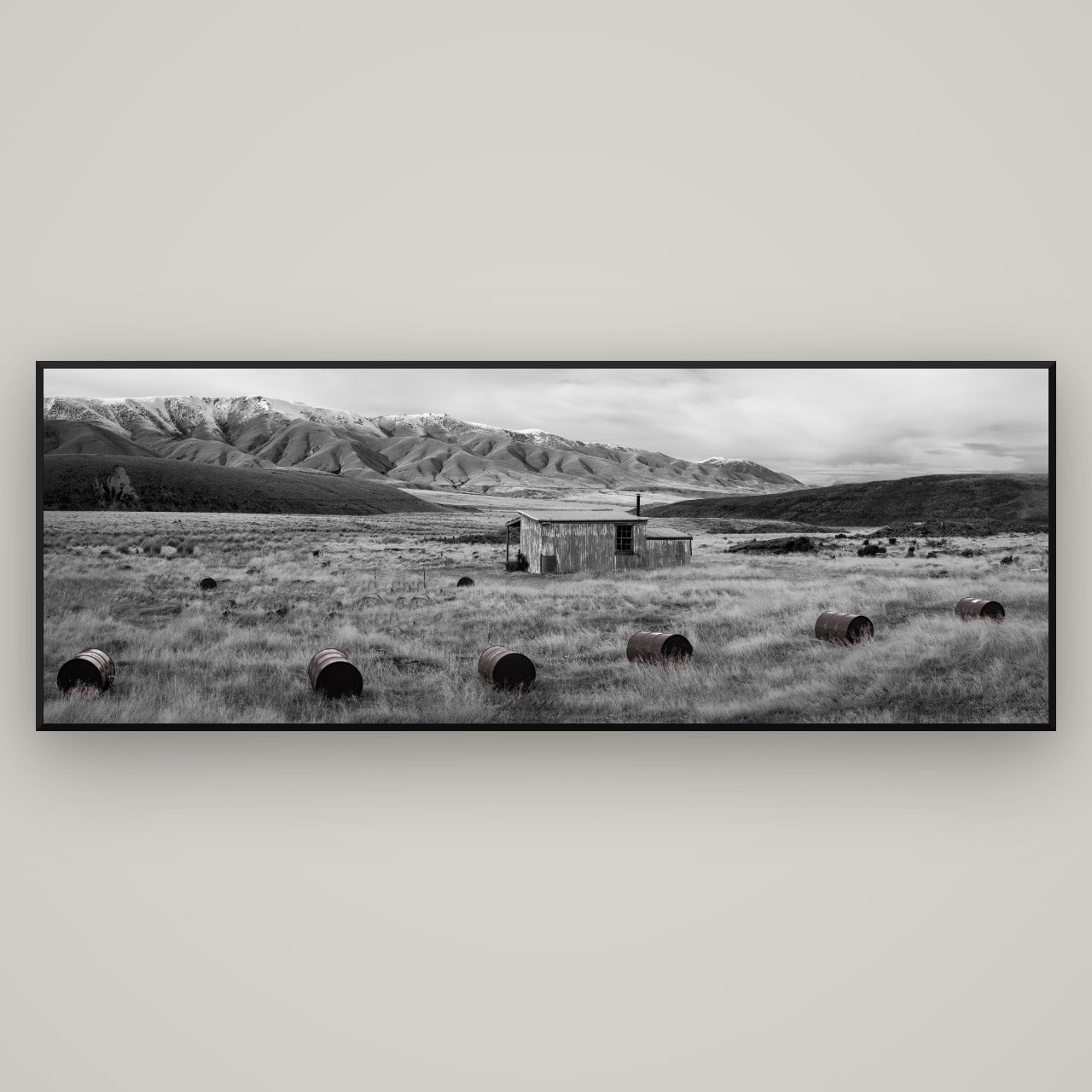 Solitude in the Wild, Barrels of Resilience — Basel Black, 198×70 cm. New Zealand fine art wall art by Stephen Milner.
