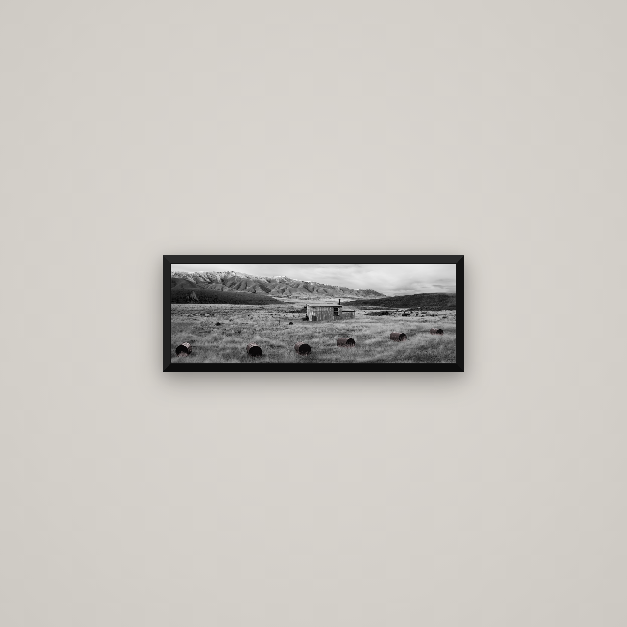 Solitude in the Wild, Barrels of Resilience — Basel Black Matte, 57×20 cm. New Zealand fine art wall art by Stephen Milner.