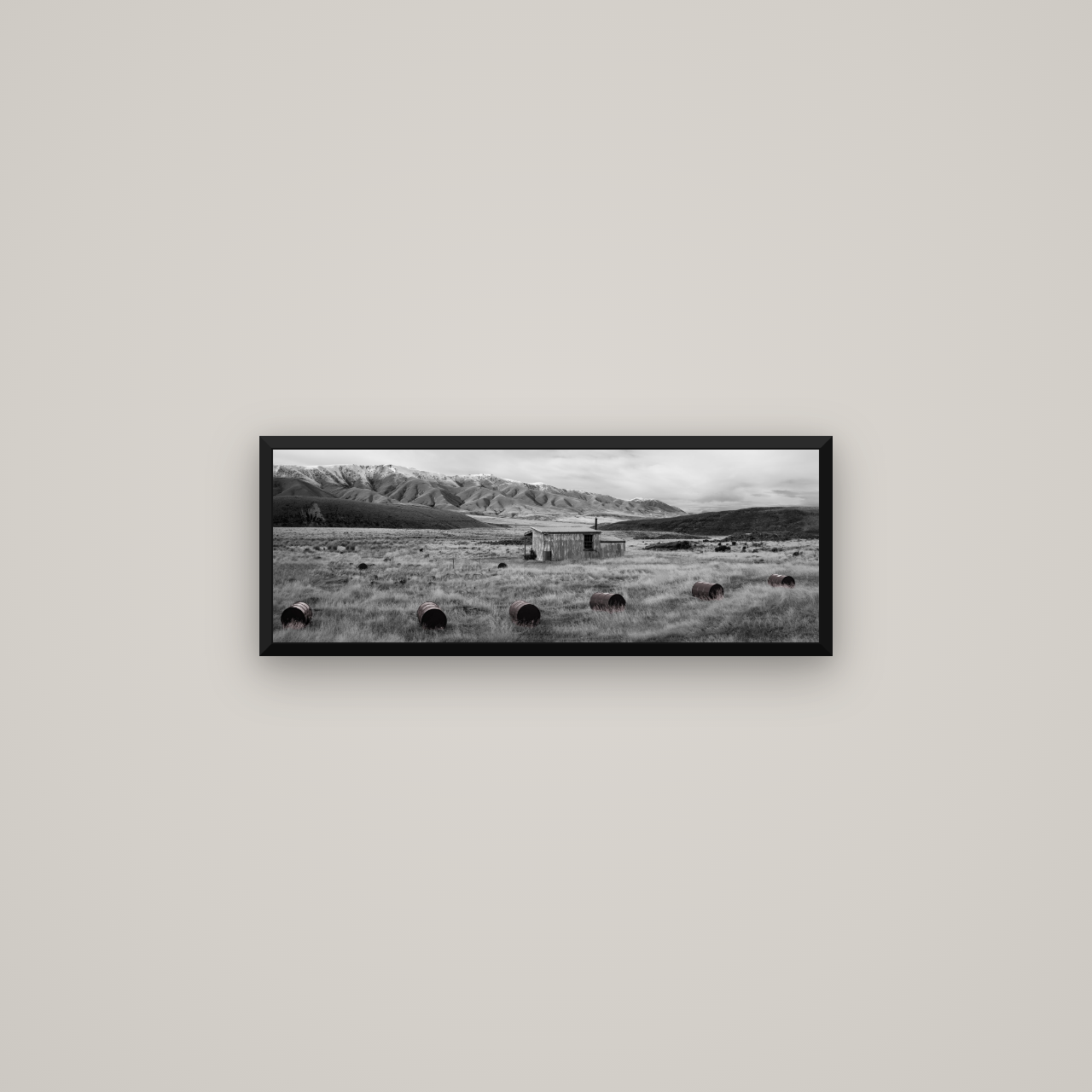 Solitude in the Wild, Barrels of Resilience — Basel Black Matte, 68×24 cm. New Zealand fine art wall art by Stephen Milner.