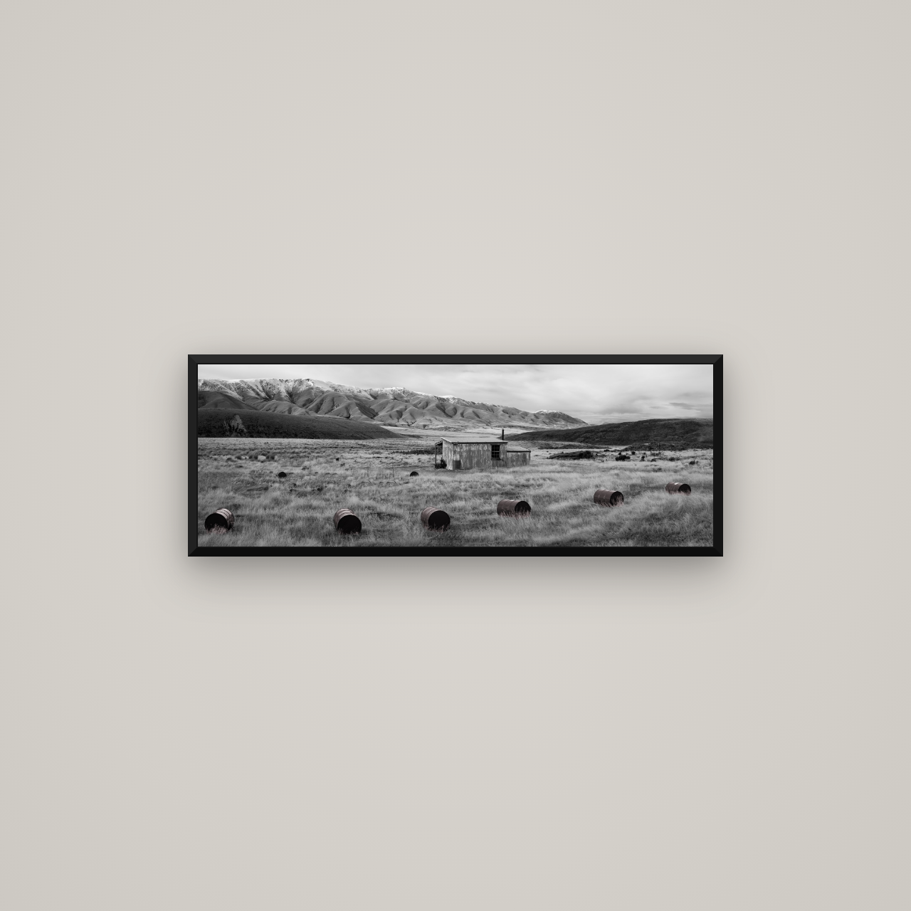 Solitude in the Wild, Barrels of Resilience — Basel Black Matte, 85×30 cm. New Zealand fine art wall art by Stephen Milner.