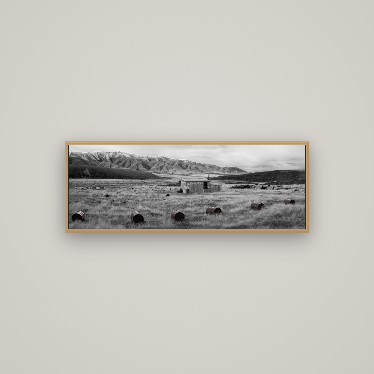 Solitude in the Wild, Barrels of Resilience, Basel Natural Oak, 113×40 cm. New Zealand fine art wall art by Stephen Milner.