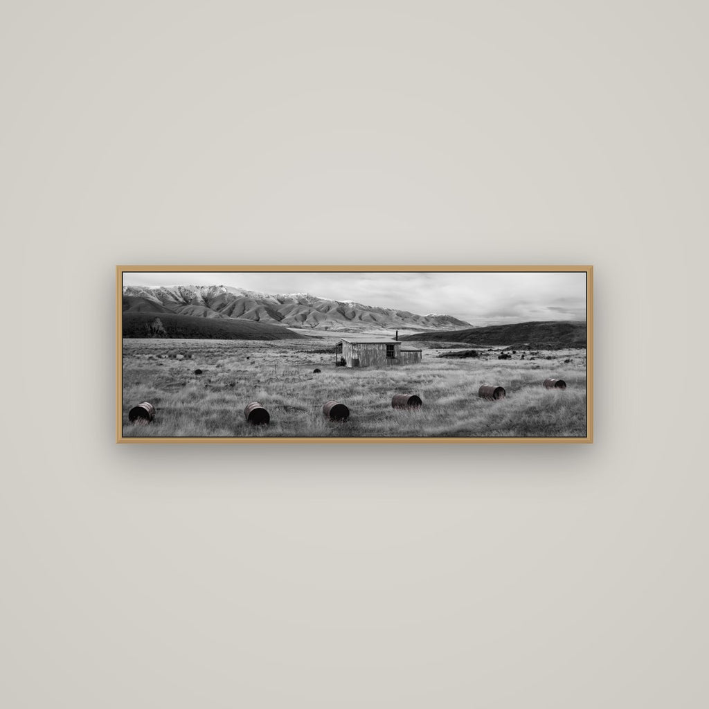 Solitude in the Wild, Barrels of Resilience, Basel Natural Oak, 113×40 cm. New Zealand fine art wall art by Stephen Milner.