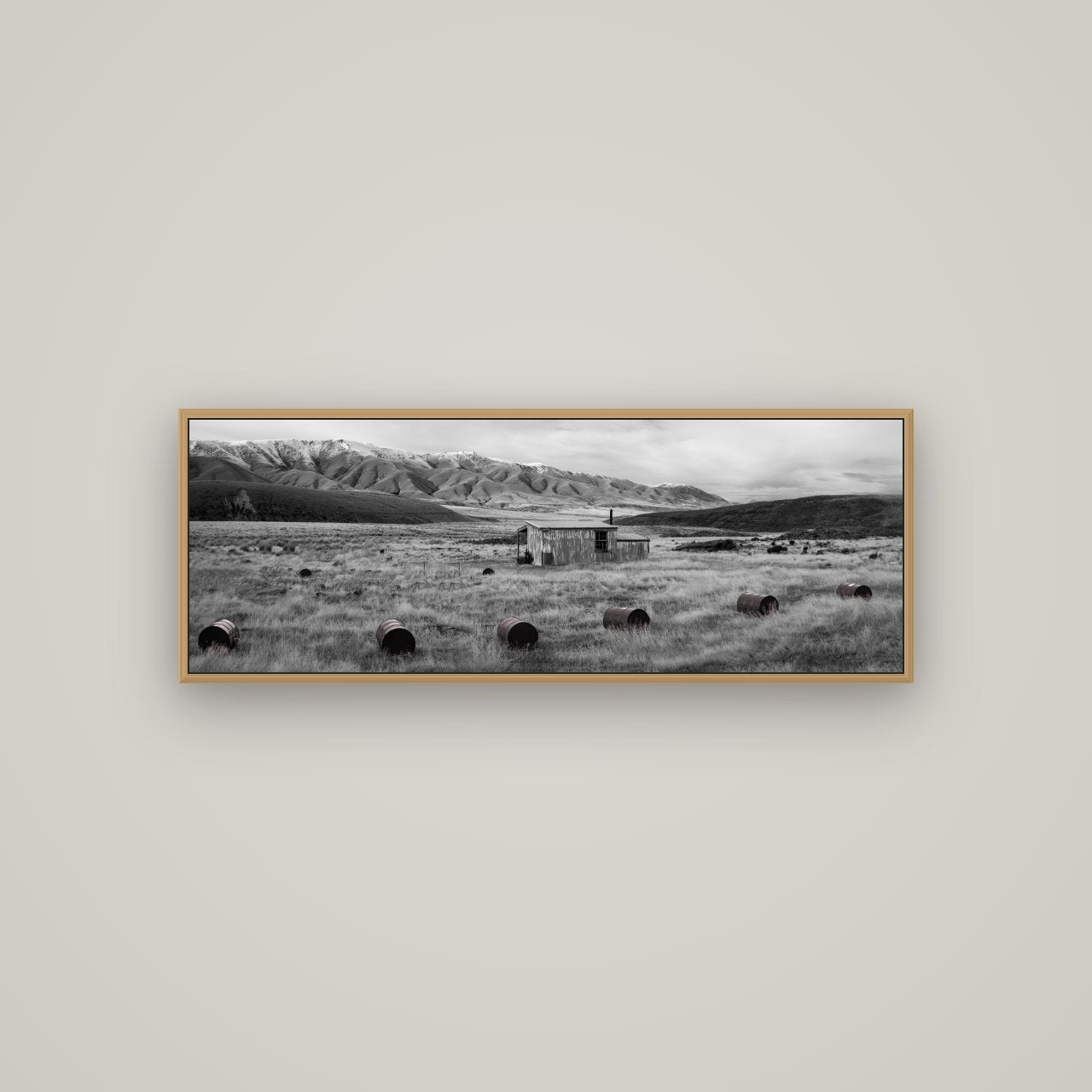 Solitude in the Wild, Barrels of Resilience, Basel Natural Oak, 113×40 cm. New Zealand fine art wall art by Stephen Milner.