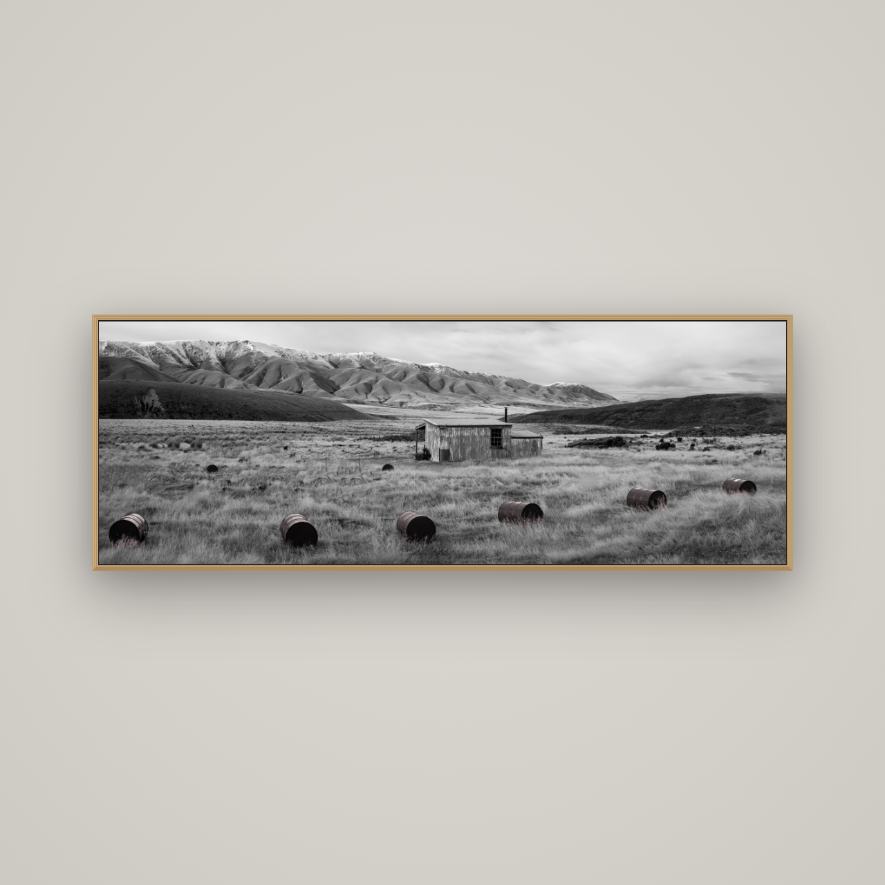 Solitude in the Wild, Barrels of Resilience, Basel Natural Oak, 170×60 cm. New Zealand fine art wall art by Stephen Milner.