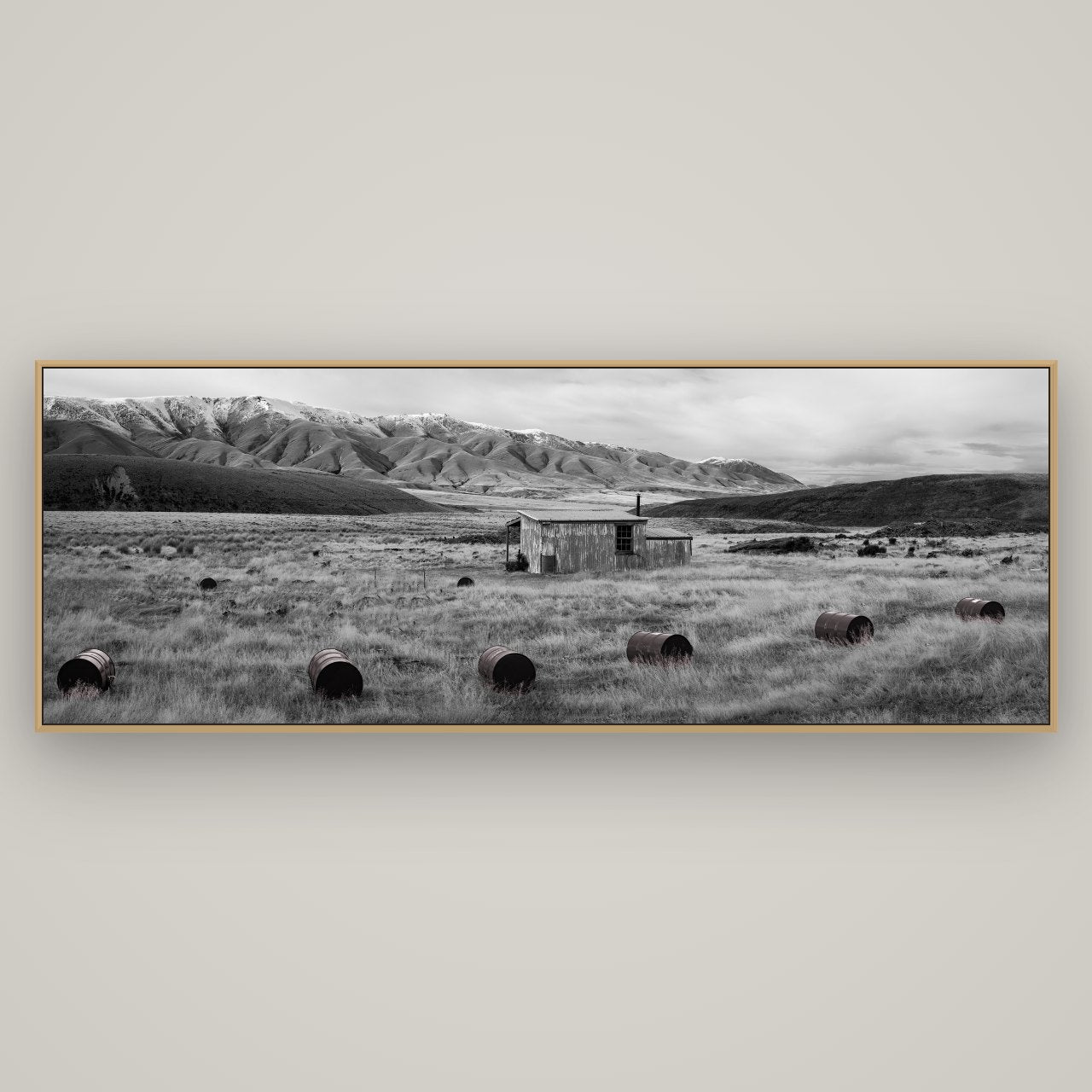 Solitude in the Wild, Barrels of Resilience, Basel Natural Oak, 198×70 cm. New Zealand fine art wall art by Stephen Milner.