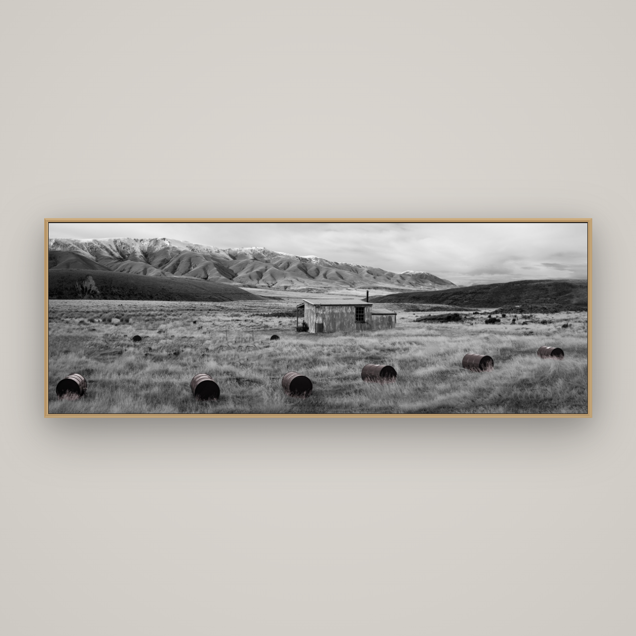 Solitude in the Wild, Barrels of Resilience, Basel Natural Oak, 198×70 cm. New Zealand fine art wall art by Stephen Milner.