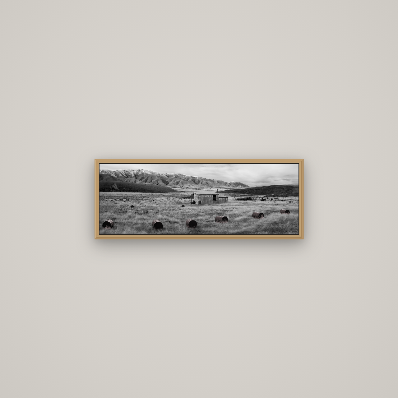Solitude in the Wild, Barrels of Resilience, Basel Natural Oak, 68×24 cm. New Zealand fine art wall art by Stephen Milner.
