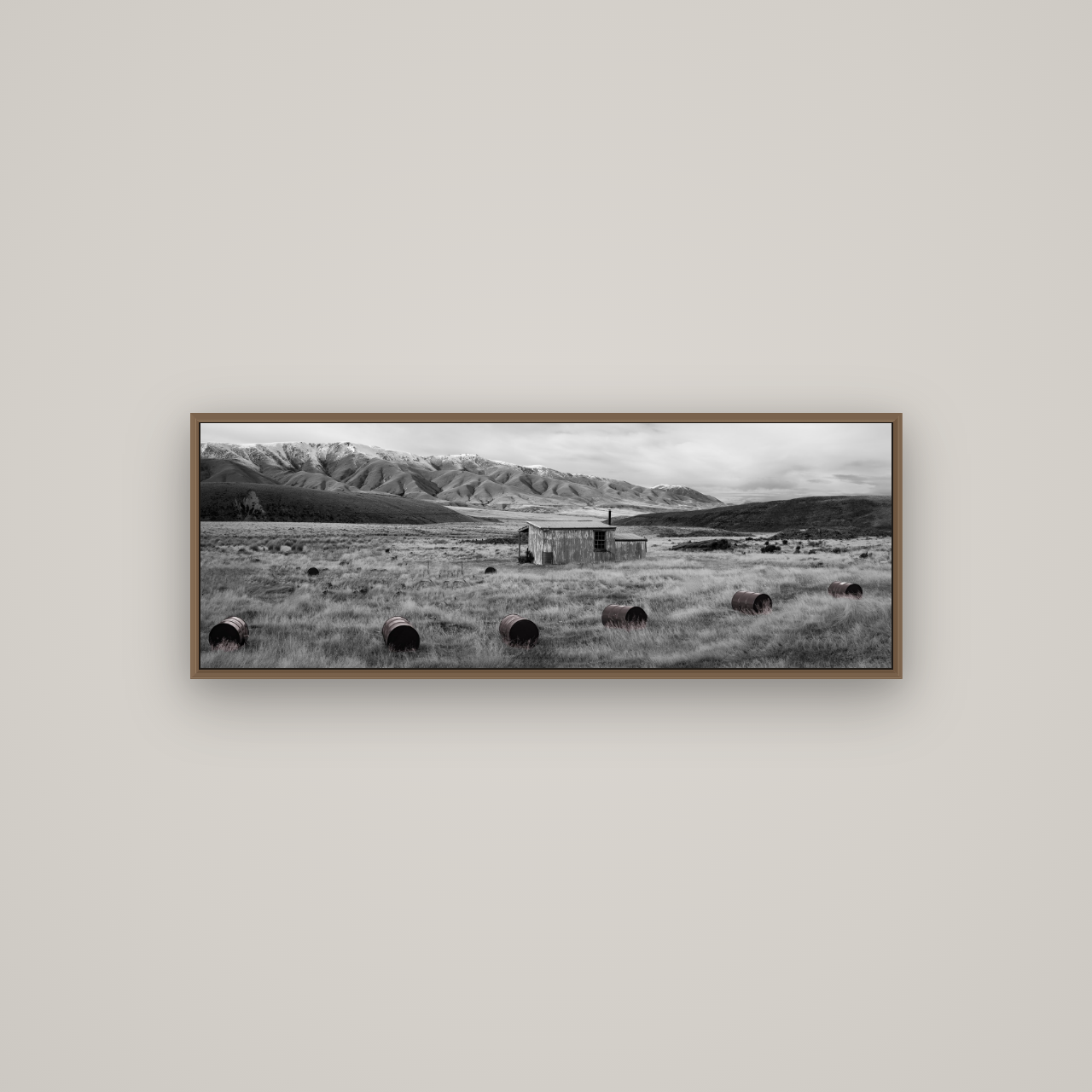 Solitude in the Wild, Barrels of Resilience, Basel Walnut, 113×40 cm. New Zealand fine art wall art by Stephen Milner.
