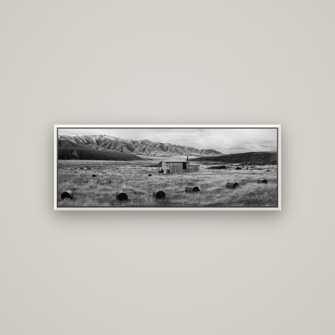 Solitude in the Wild, Barrels of Resilience — Basel White, 113×40 cm. New Zealand fine art wall art by Stephen Milner.