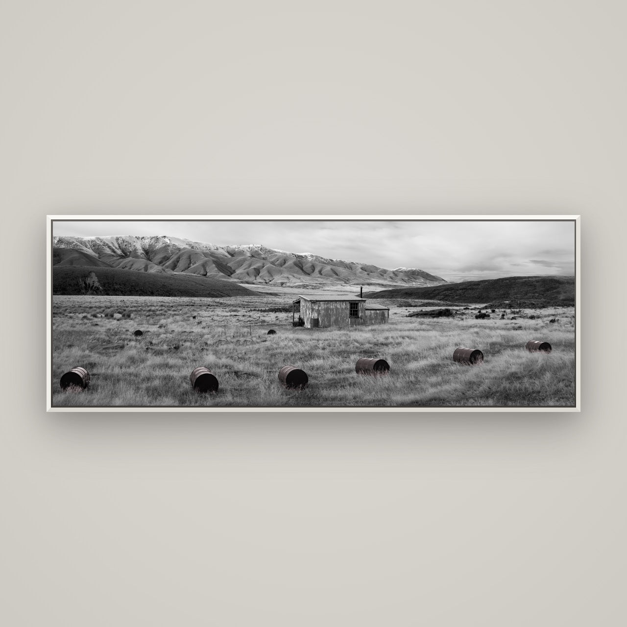 Solitude in the Wild, Barrels of Resilience — Basel White, 170×60 cm. New Zealand fine art wall art by Stephen Milner.