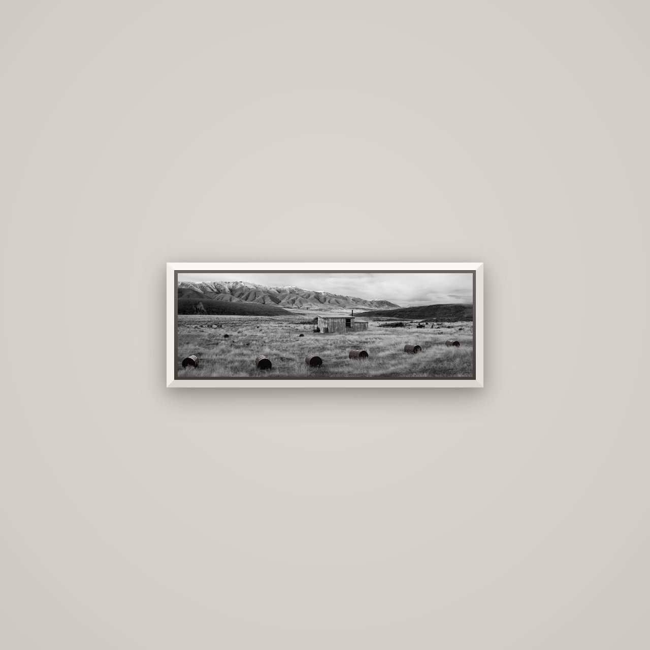 Solitude in the Wild, Barrels of Resilience — Basel White, 57×20 cm. New Zealand fine art wall art by Stephen Milner.