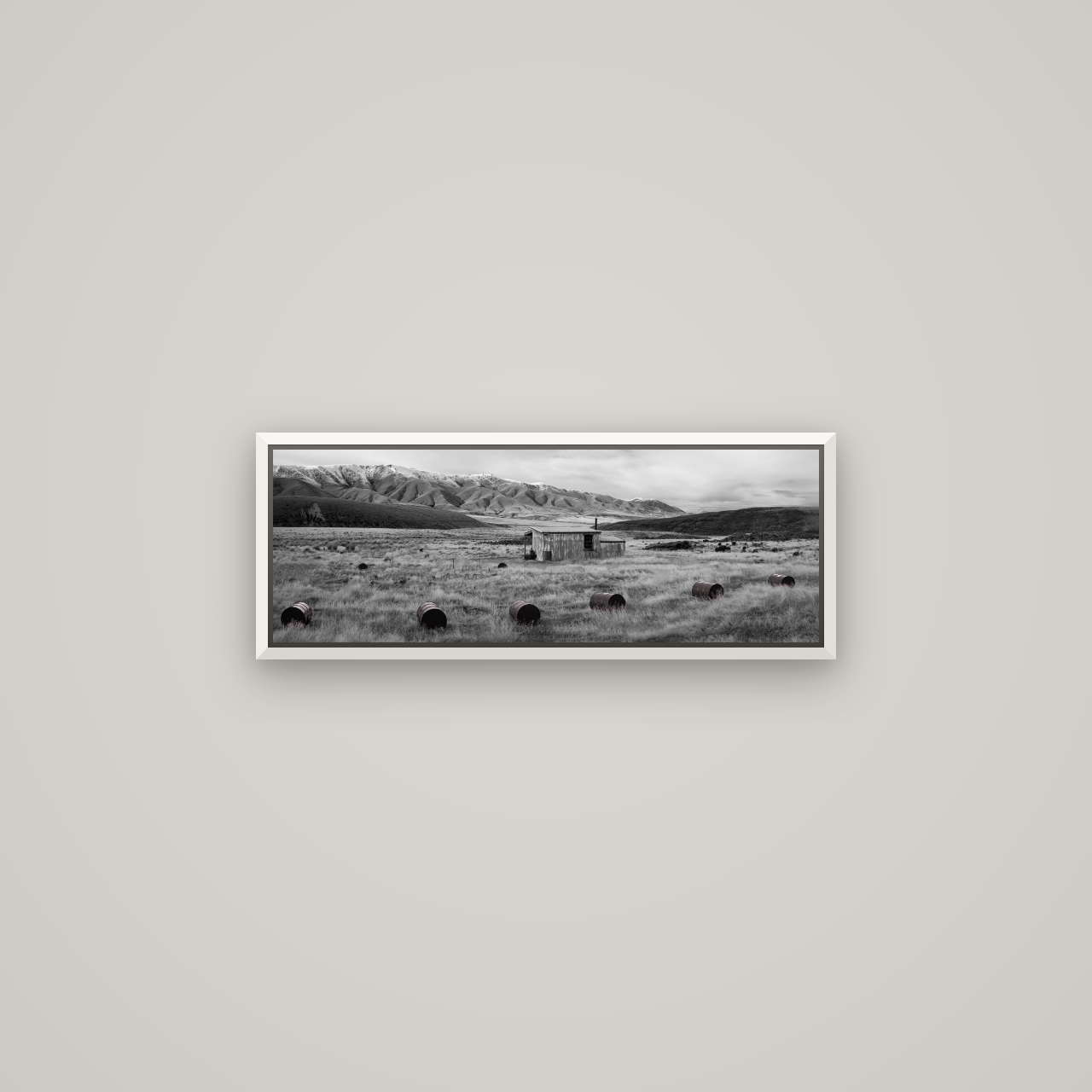 Solitude in the Wild, Barrels of Resilience — Basel White, 68×24 cm. New Zealand fine art wall art by Stephen Milner.