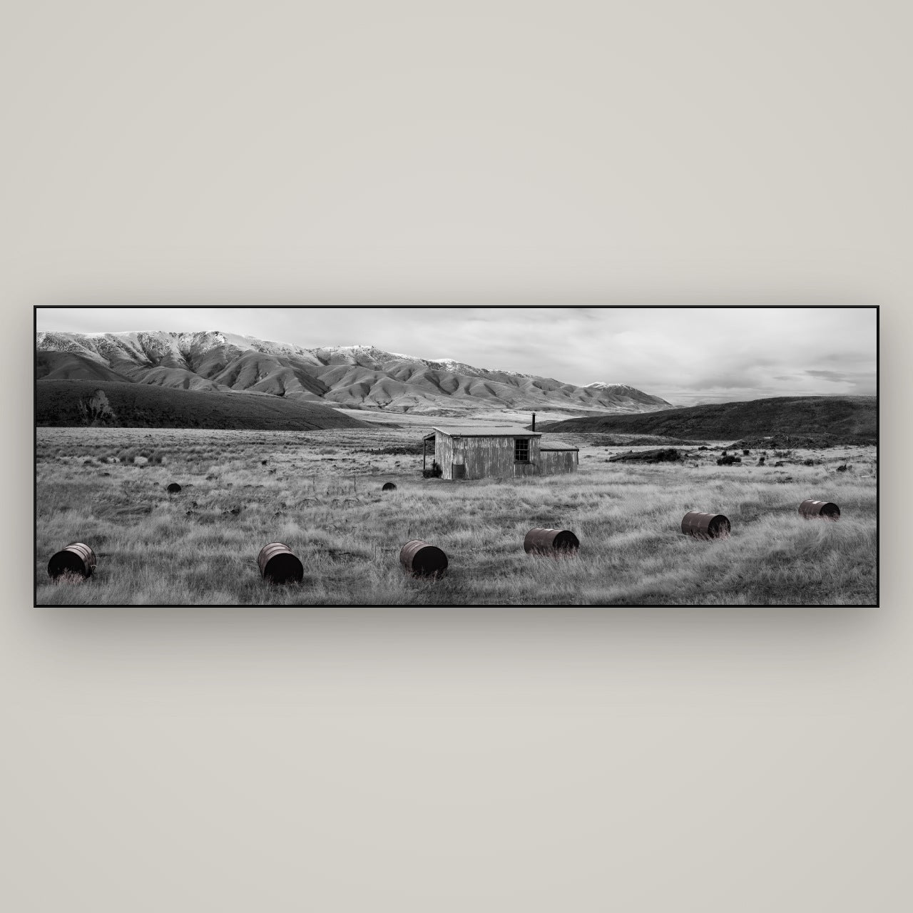 Solitude in the Wild, Barrels of Resilience — Slimline Black, 198×70 cm. New Zealand fine art wall art by Stephen Milner.