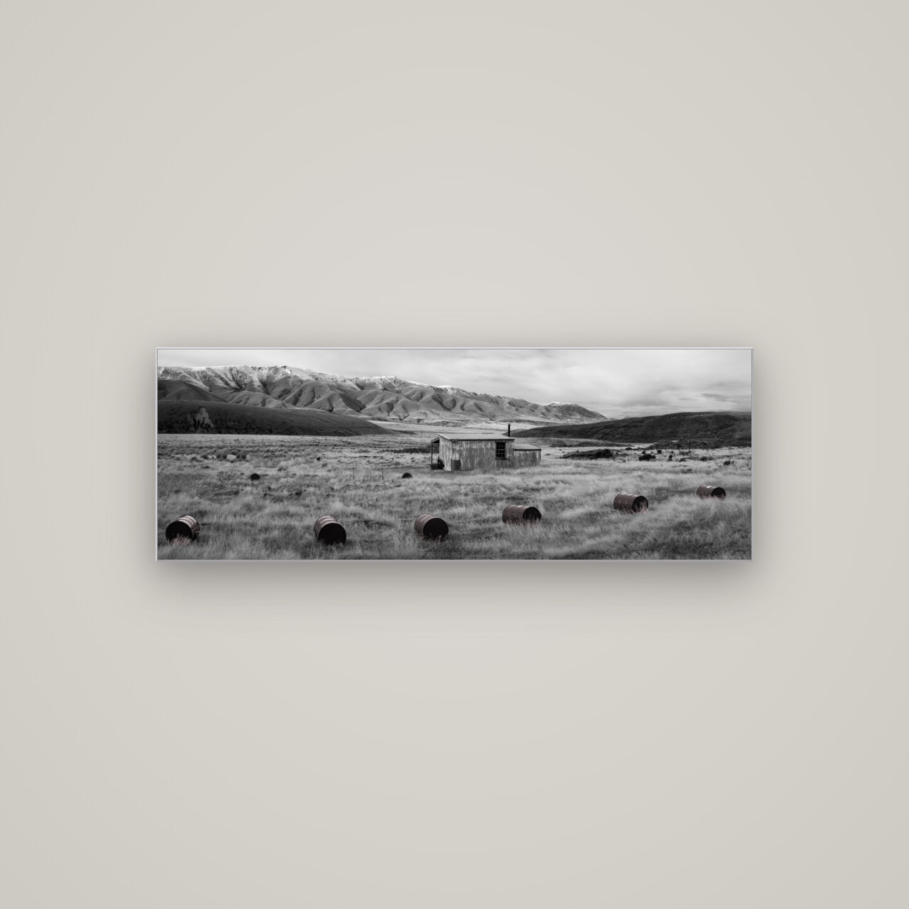 Solitude in the Wild, Barrels of Resilience — Slimline Silver, 113×40 cm. New Zealand fine art wall art by Stephen Milner.