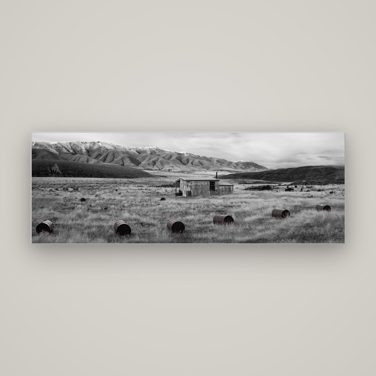 Solitude in the Wild, Barrels of Resilience — Slimline Silver, 170×60 cm. New Zealand fine art wall art by Stephen Milner.