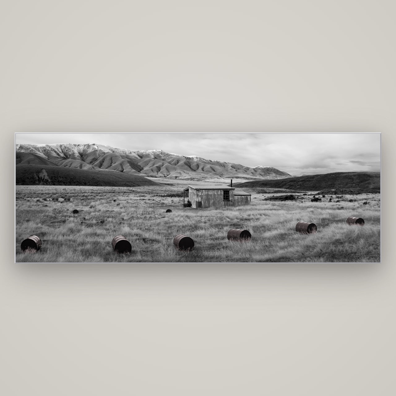Solitude in the Wild, Barrels of Resilience — Slimline Silver, 198×70 cm. New Zealand fine art wall art by Stephen Milner.