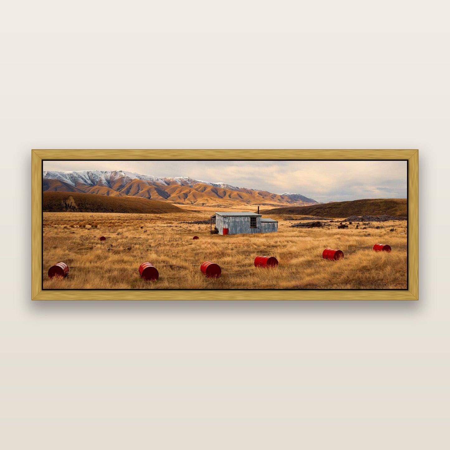 Solitude in the Wild, Red Barrels of Resilience — framed metallic canvas print, Antique Gold frame. New Zealand fine art landscape wall art by Stephen Milner.
