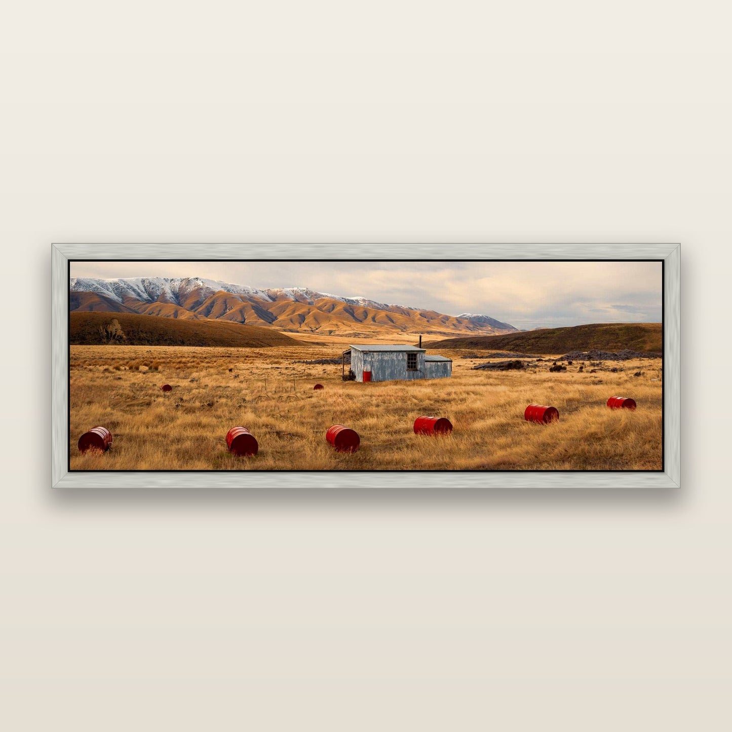 Solitude in the Wild, Red Barrels of Resilience — framed metallic canvas print, Antique Silver frame. New Zealand fine art landscape wall art by Stephen Milner.