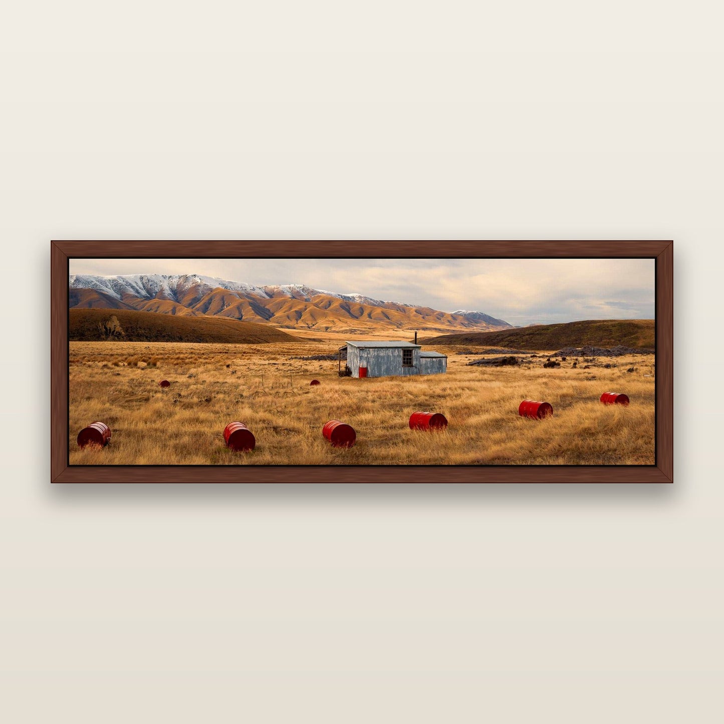 Solitude in the Wild, Red Barrels of Resilience — framed metallic canvas print, Brown frame. New Zealand fine art landscape wall art by Stephen Milner.