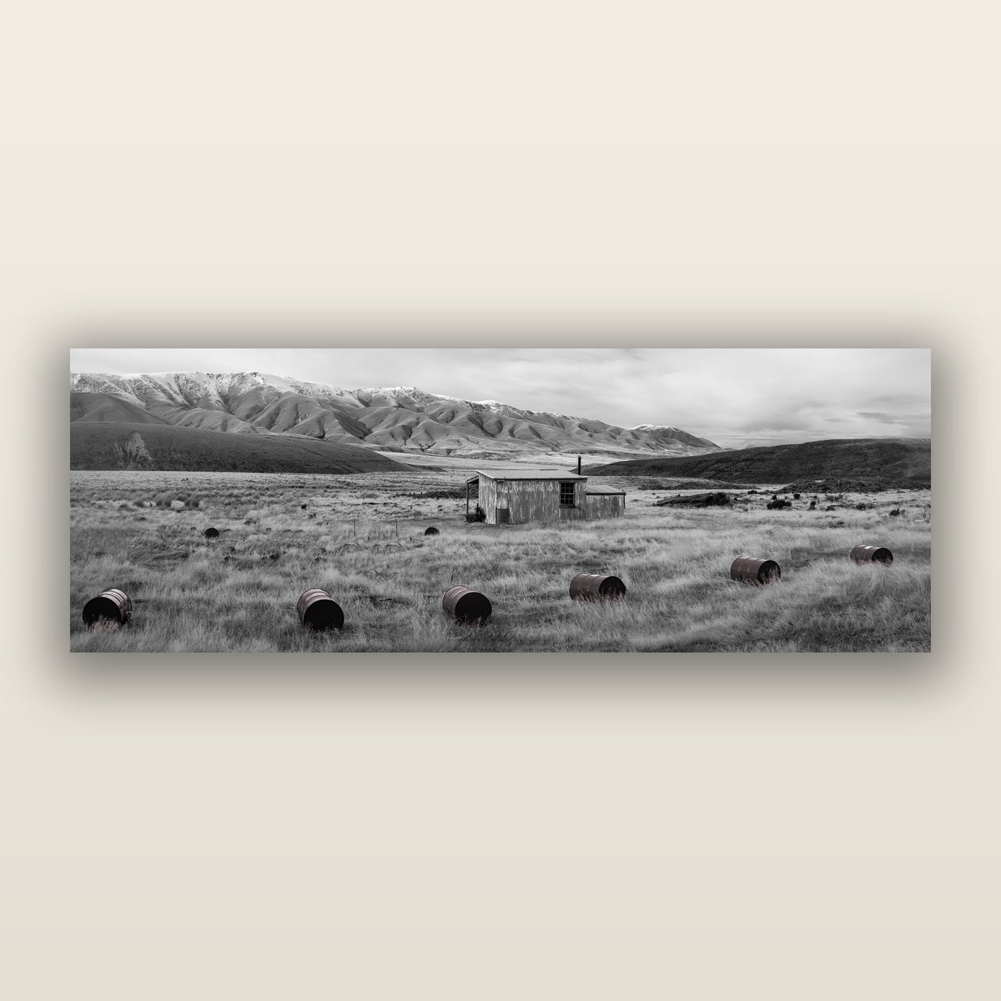 Solitude in the Wild, Barrels of Resilience, black and white frameless acrylic glass print. New Zealand fine art photography by Stephen Milner.