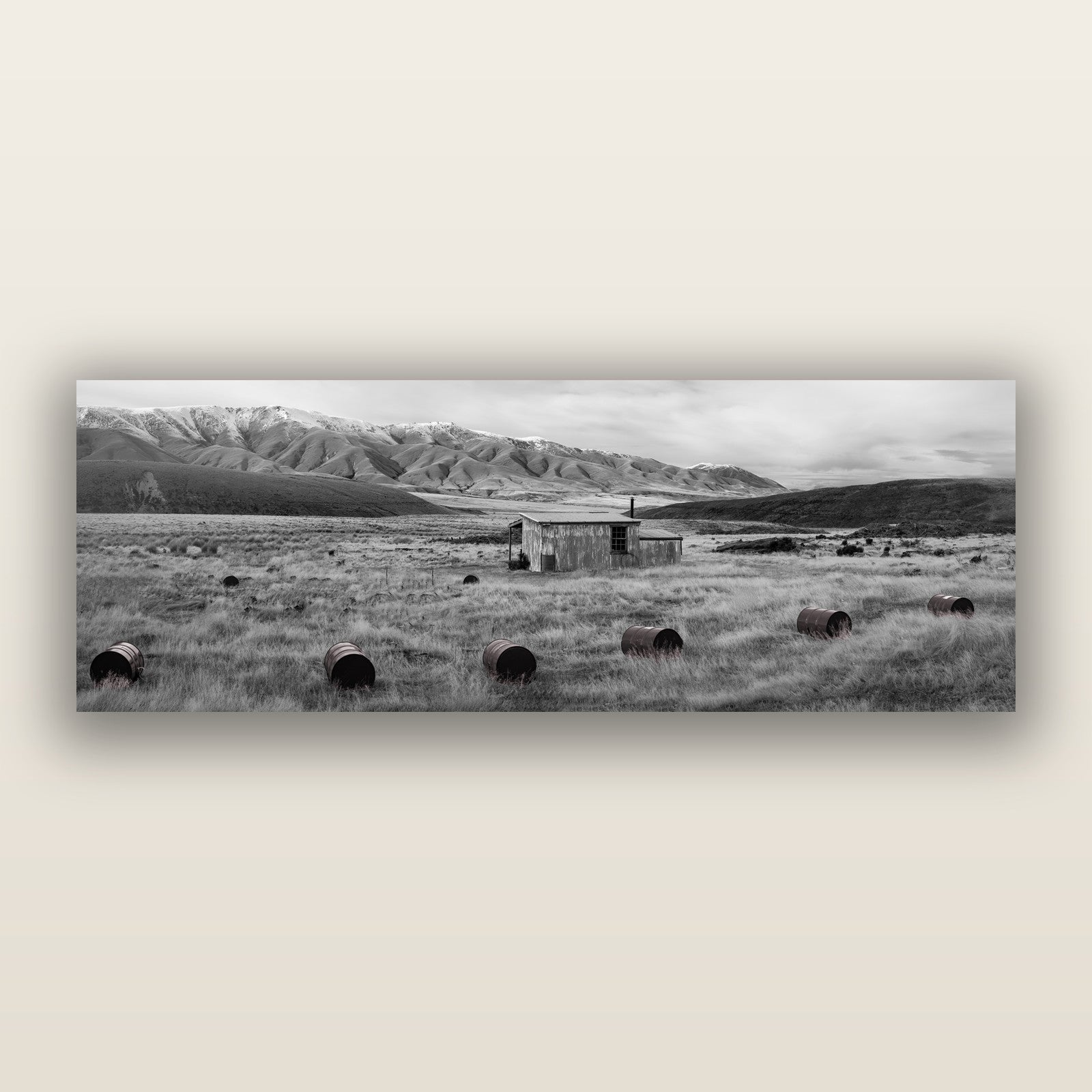 Solitude in the Wild, Barrels of Resilience, black and white frameless acrylic glass print. New Zealand fine art photography by Stephen Milner.