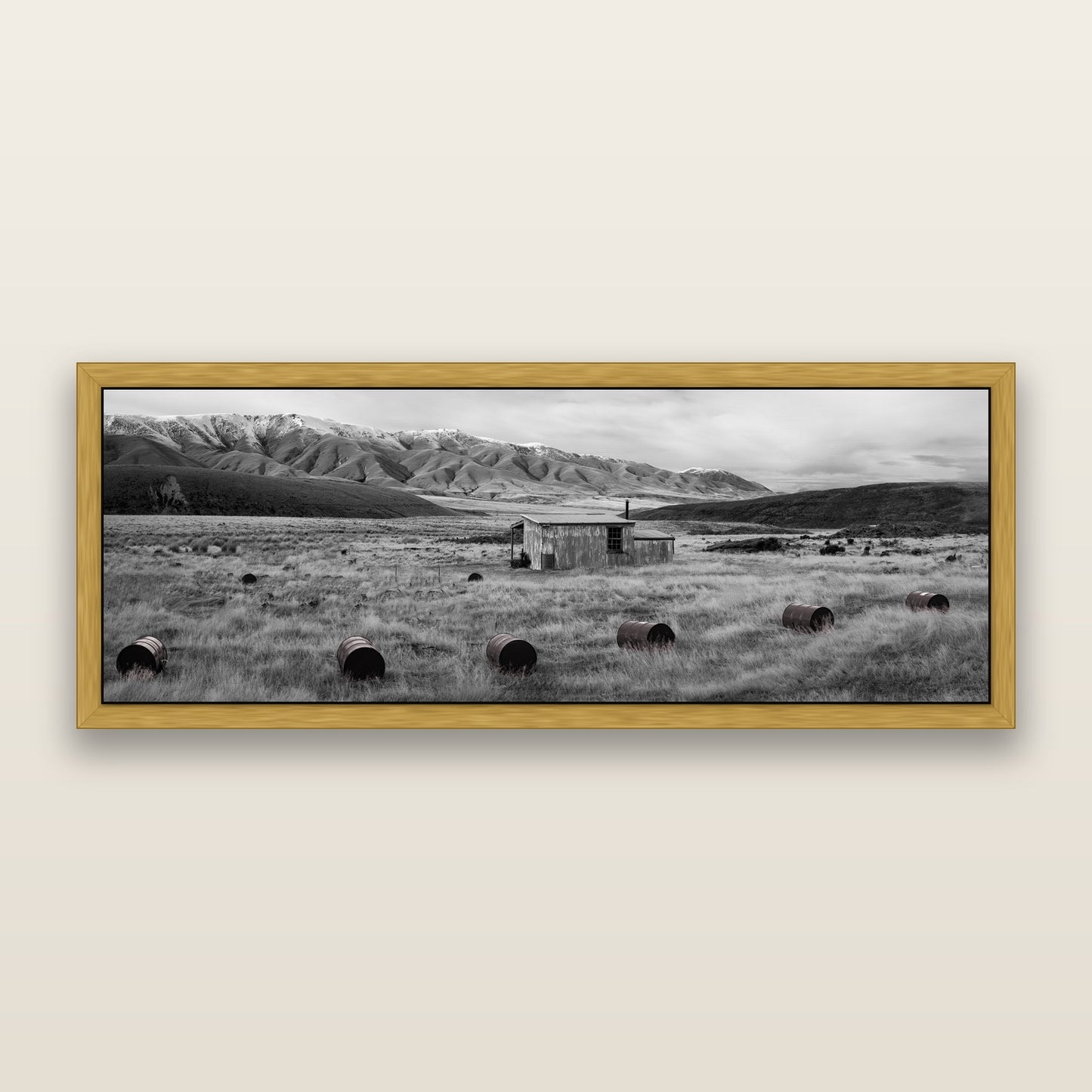 Solitude in the Wild, Barrels of Resilience, black and white framed metallic canvas print, Antique Gold frame. New Zealand fine art wall art by Stephen Milner.