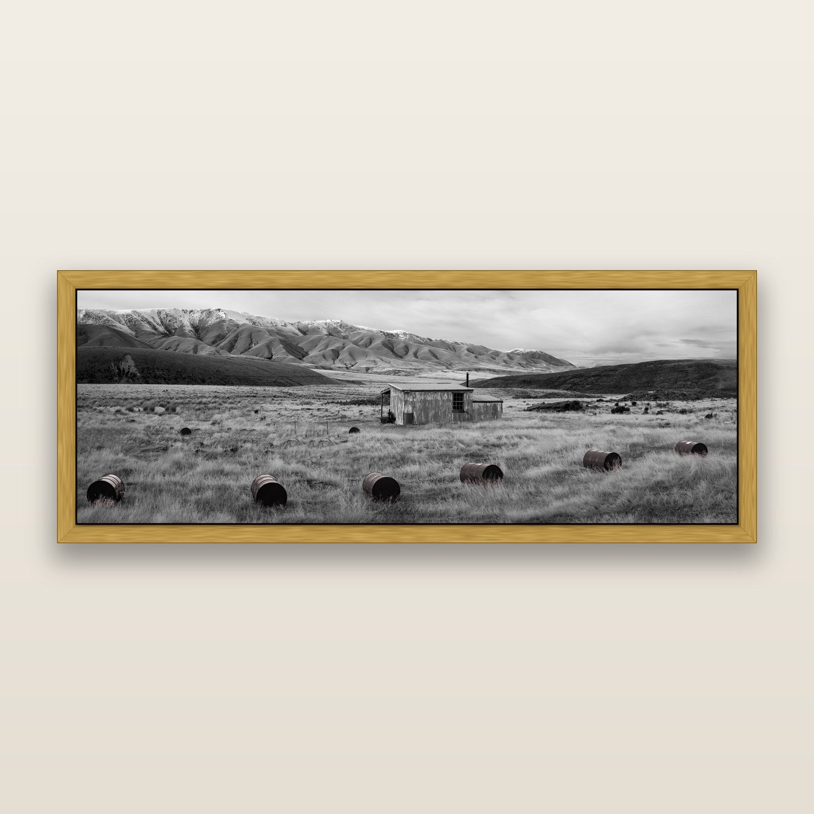 Solitude in the Wild, Barrels of Resilience, black and white framed metallic canvas print, Antique Gold frame. New Zealand fine art wall art by Stephen Milner.