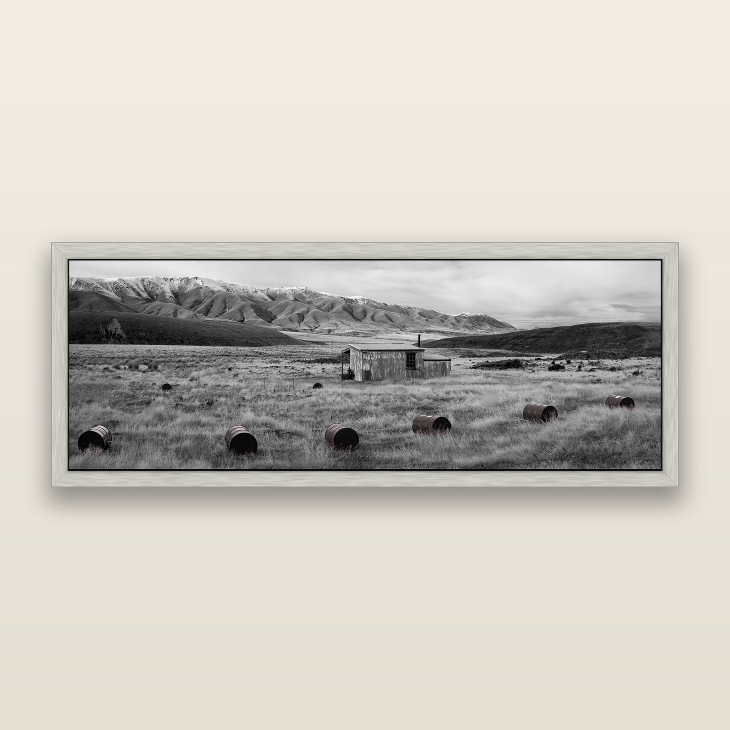 Solitude in the Wild, Barrels of Resilience, black and white framed metallic canvas print, Antique Silver frame. New Zealand fine art wall art by Stephen Milner.