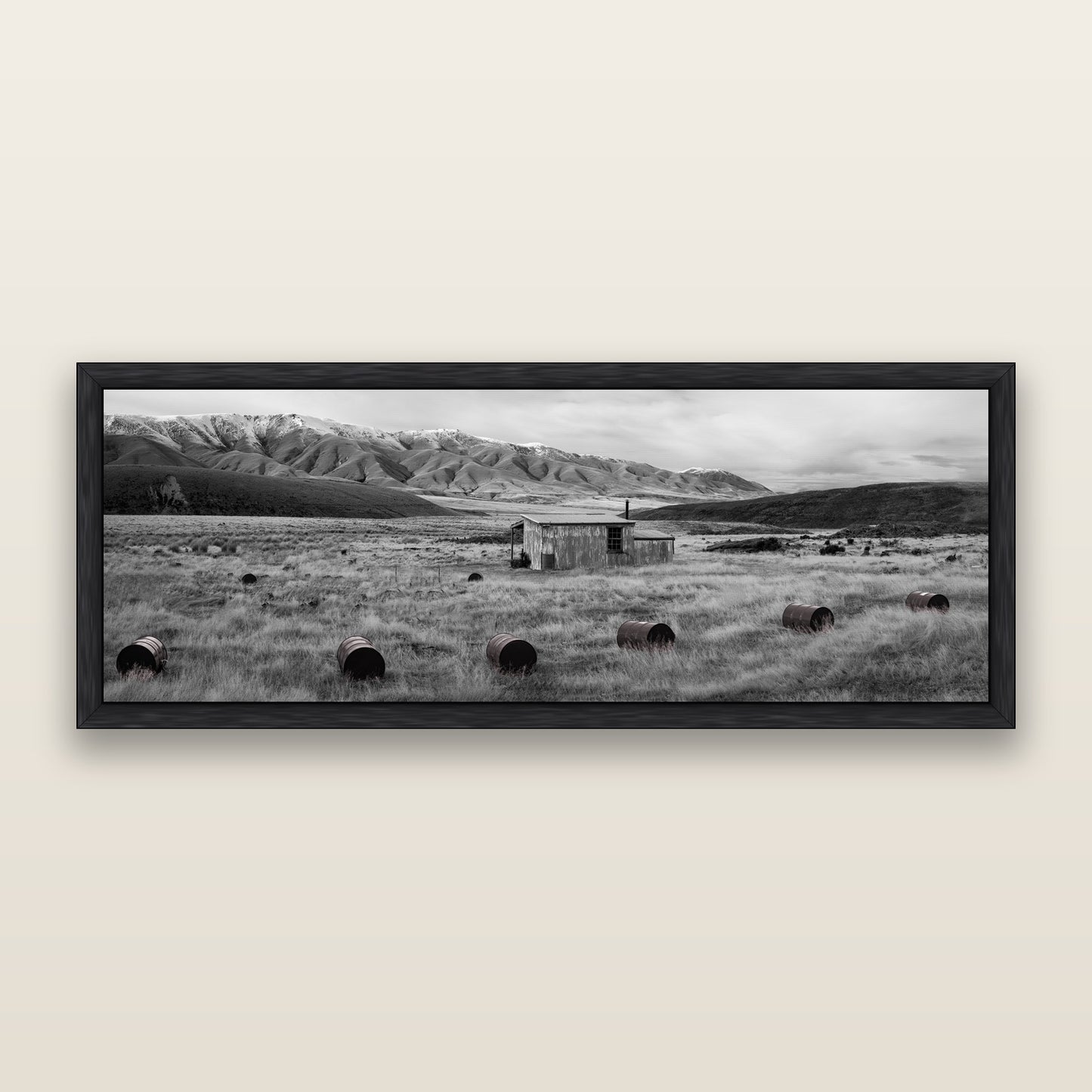 Solitude in the Wild, Barrels of Resilience, black and white framed metallic canvas print, Black frame. New Zealand fine art wall art by Stephen Milner.