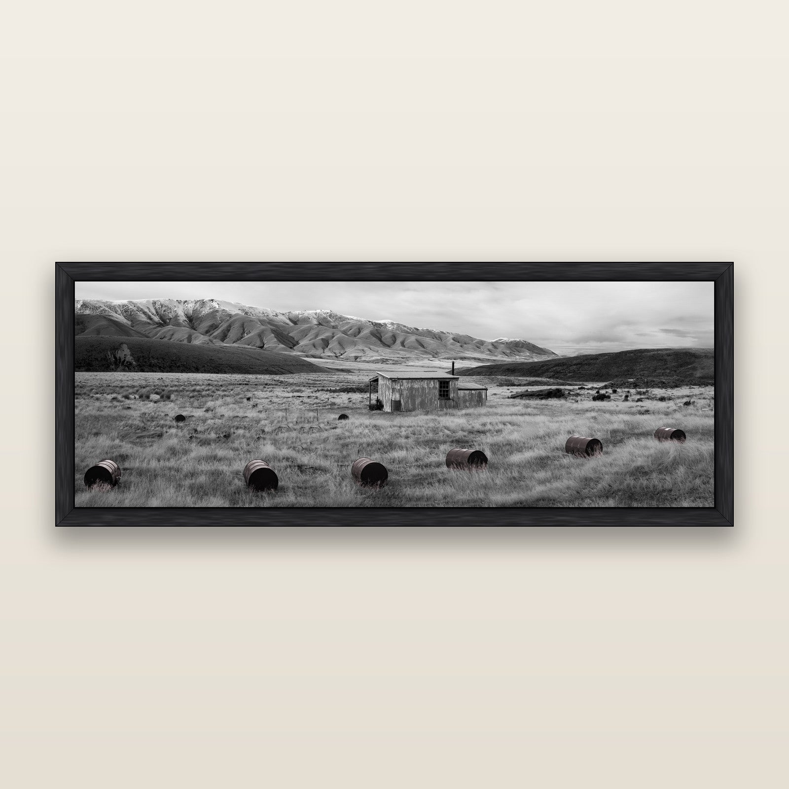 Solitude in the Wild, Barrels of Resilience, black and white framed metallic canvas print, Black frame. New Zealand fine art wall art by Stephen Milner.
