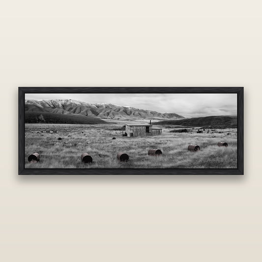 Solitude in the Wild, Barrels of Resilience, black and white framed metallic canvas print, Black frame. New Zealand fine art wall art by Stephen Milner.