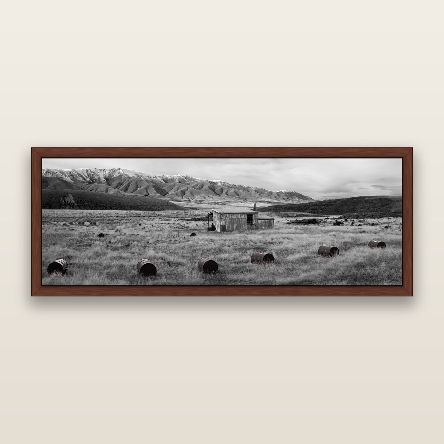 Solitude in the Wild, Barrels of Resilience, black and white framed metallic canvas print, Brown frame. New Zealand fine art wall art by Stephen Milner.