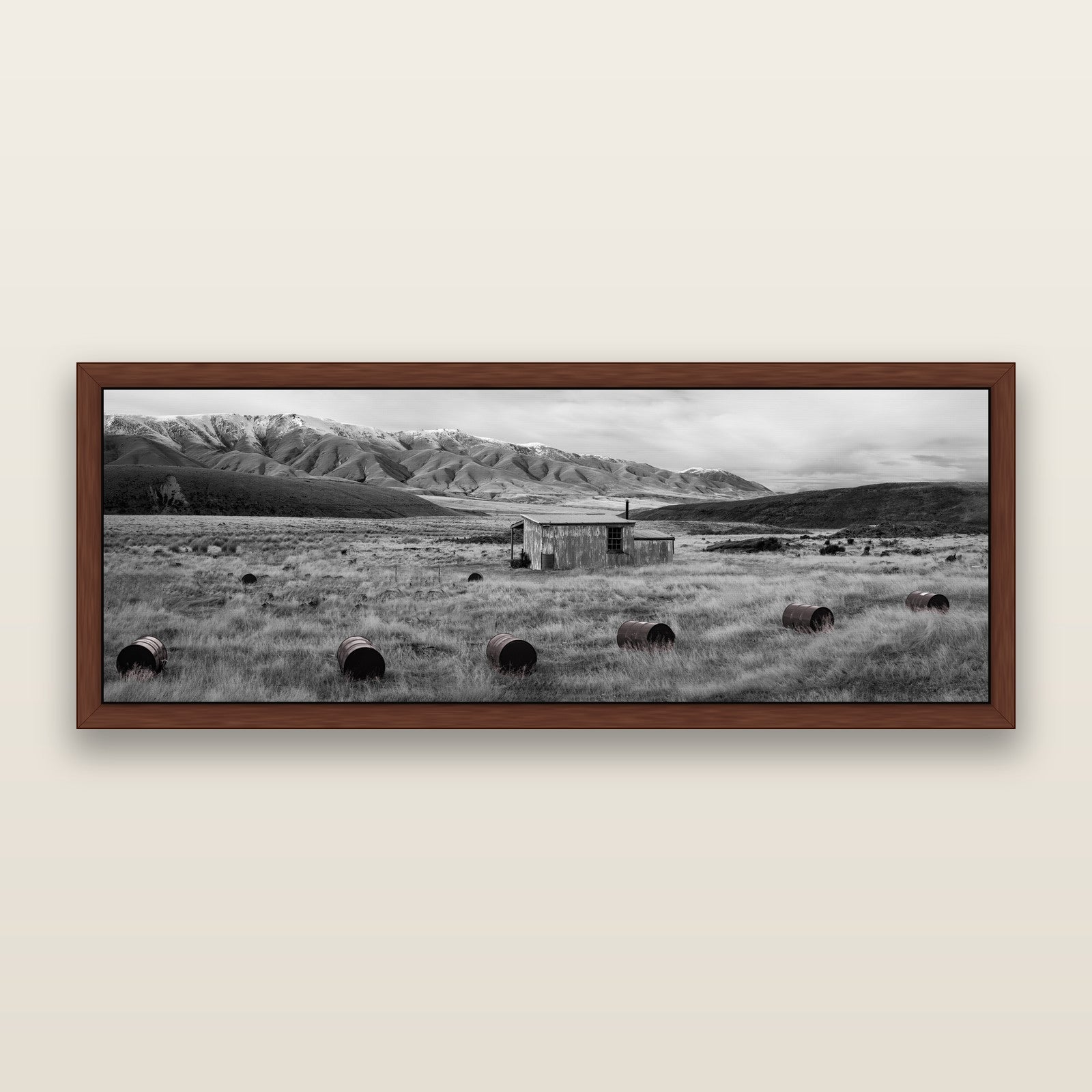 Solitude in the Wild, Barrels of Resilience, black and white framed metallic canvas print, Brown frame. New Zealand fine art wall art by Stephen Milner.