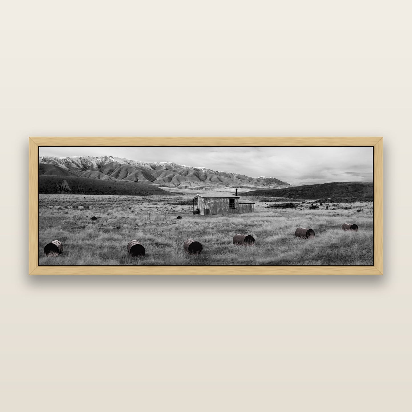 Solitude in the Wild, Barrels of Resilience, black and white framed metallic canvas print, Natural frame. New Zealand fine art wall art by Stephen Milner.