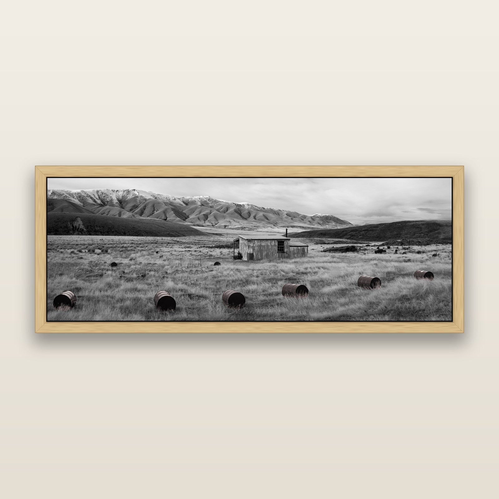 Solitude in the Wild, Barrels of Resilience, black and white framed metallic canvas print, Natural frame. New Zealand fine art wall art by Stephen Milner.