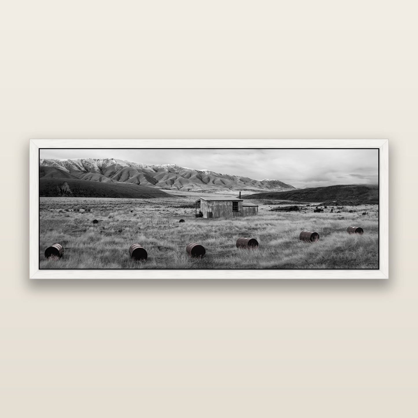 Solitude in the Wild, Barrels of Resilience, black and white framed metallic canvas print, White frame. New Zealand fine art wall art by Stephen Milner.
