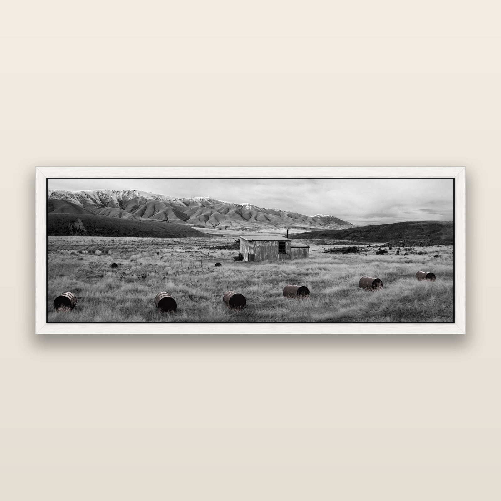 Solitude in the Wild, Barrels of Resilience, black and white framed metallic canvas print, White frame. New Zealand fine art wall art by Stephen Milner.