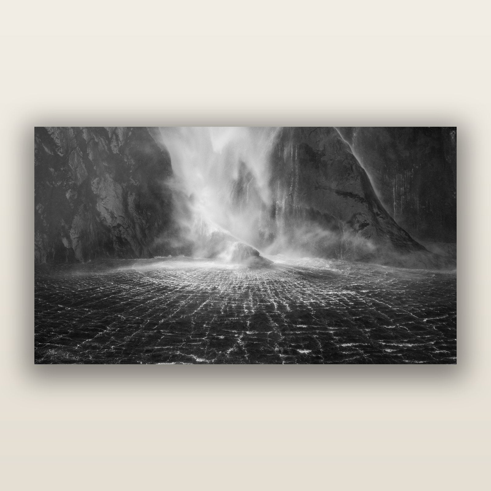 Stirling Falls, Milford Sound, black and white frameless acrylic glass print. New Zealand fine art photography by Stephen Milner.