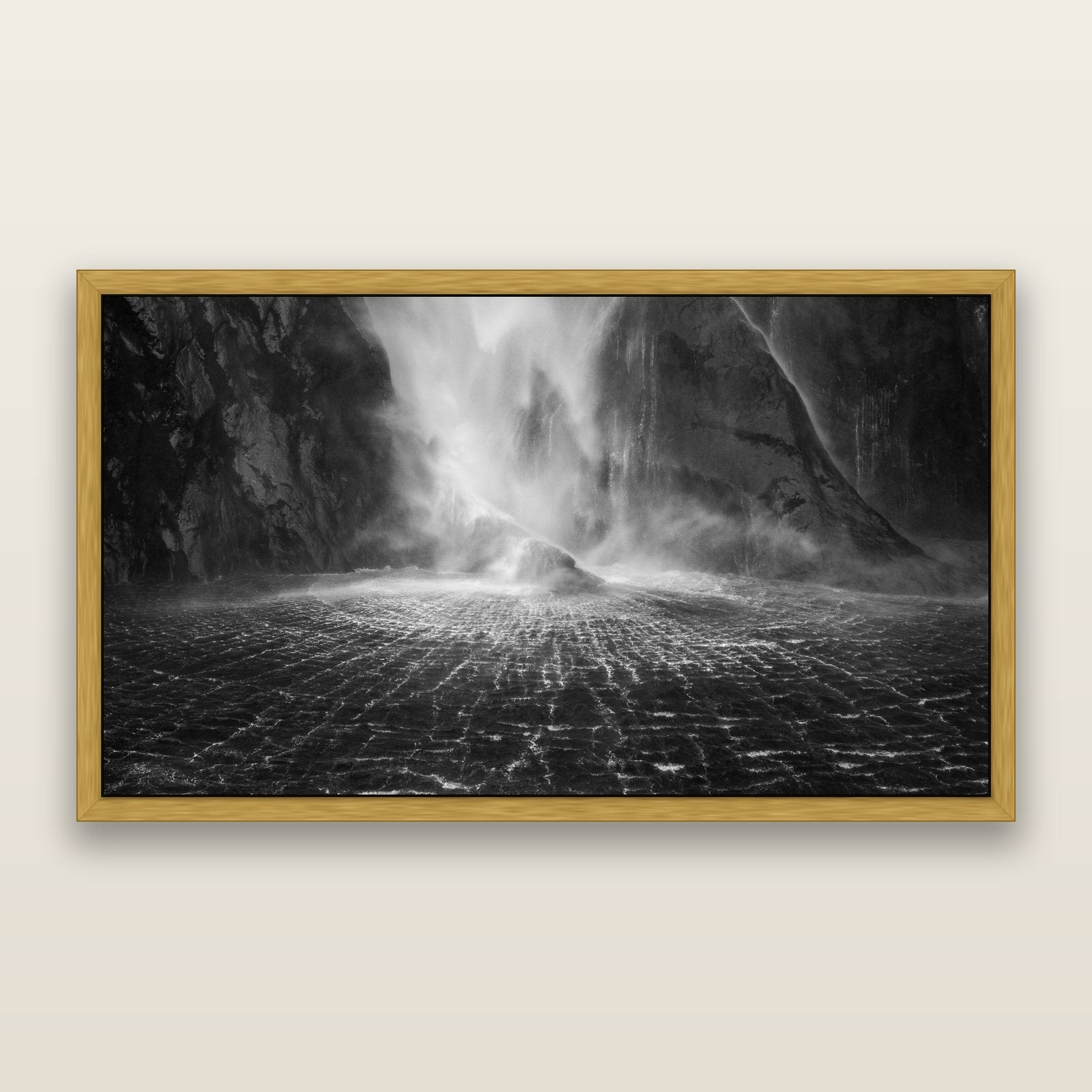 Stirling Falls, Milford Sound, black and white framed metallic canvas print, Antique Gold frame. New Zealand fine art wall art by Stephen Milner.