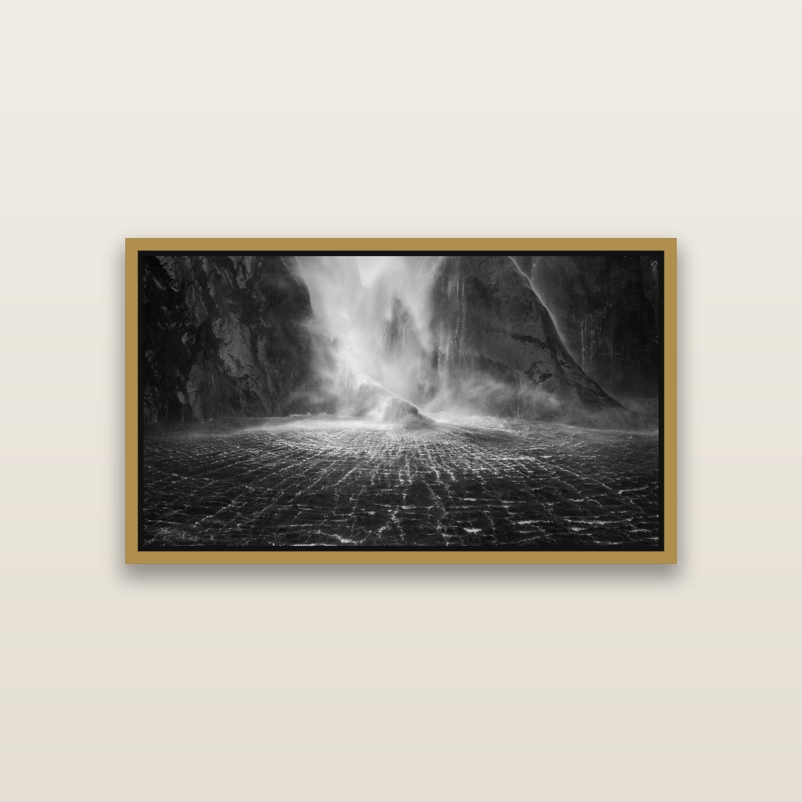 Stirling Falls, Milford Sound — Antique Gold framed metallic canvas print, small 81 × 46 cm. New Zealand fine art landscape wall art by Stephen Milner.