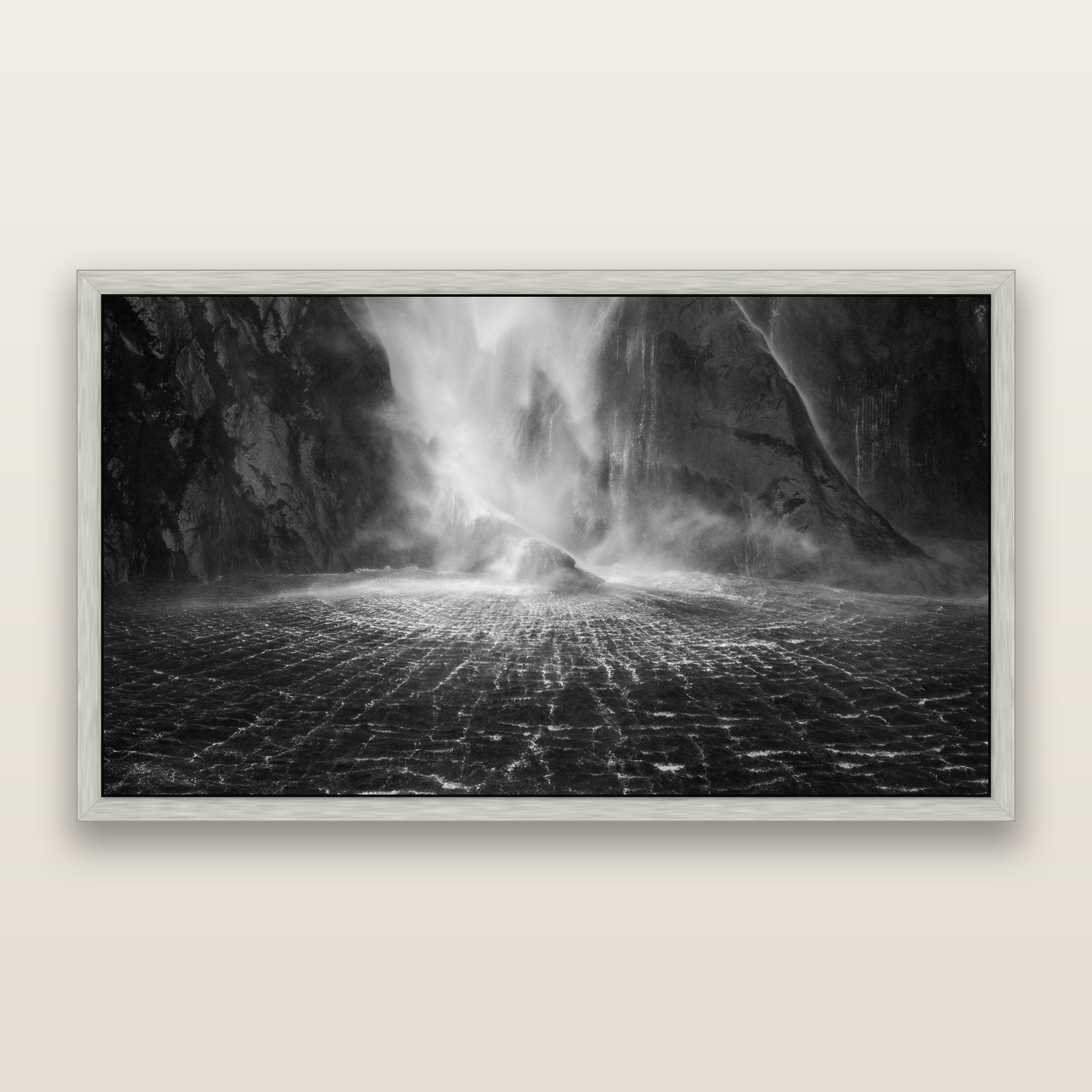 Stirling Falls, Milford Sound, black and white framed metallic canvas print, Antique Silver frame. New Zealand fine art wall art by Stephen Milner.