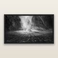 Stirling Falls, Milford Sound, black and white framed metallic canvas print, Black frame. New Zealand fine art wall art by Stephen Milner.